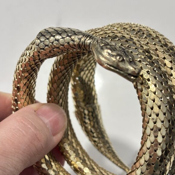 Vintage Whiting & Davis Gold Tone Mesh Snake Coil Wrap Bracelet Serpent Arm Cuff - Picture 13 of 15